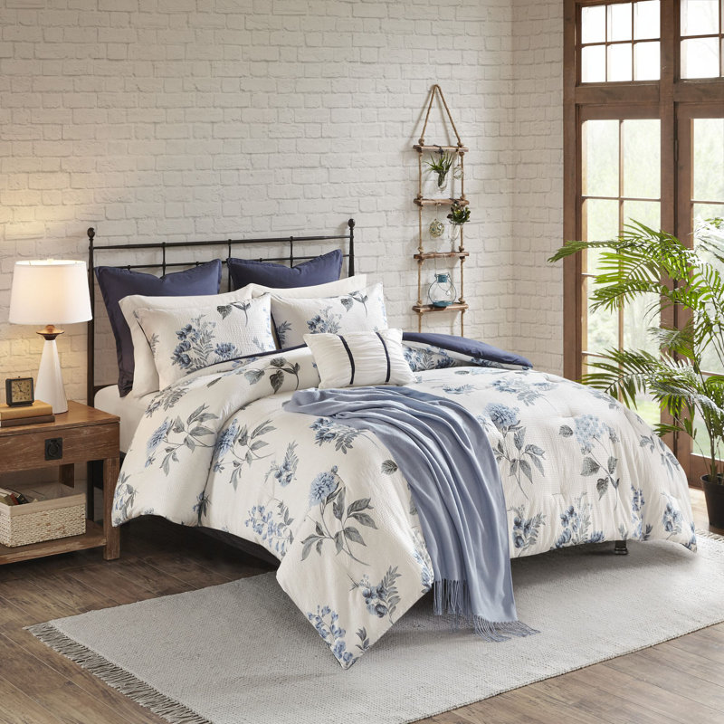 Madison Park Monah Blue 7 Piece Printed Seersucker Comforter Set with Throw Blanket